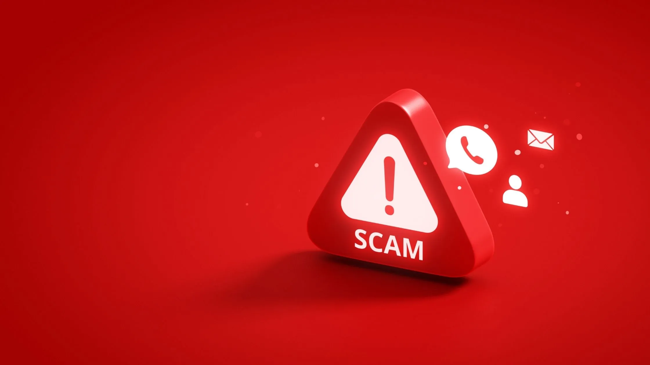 Výstražný symbol „SCAM“ znázorňuje riziko podvodných praktík pri presune komunikácie a platieb mimo platformy.